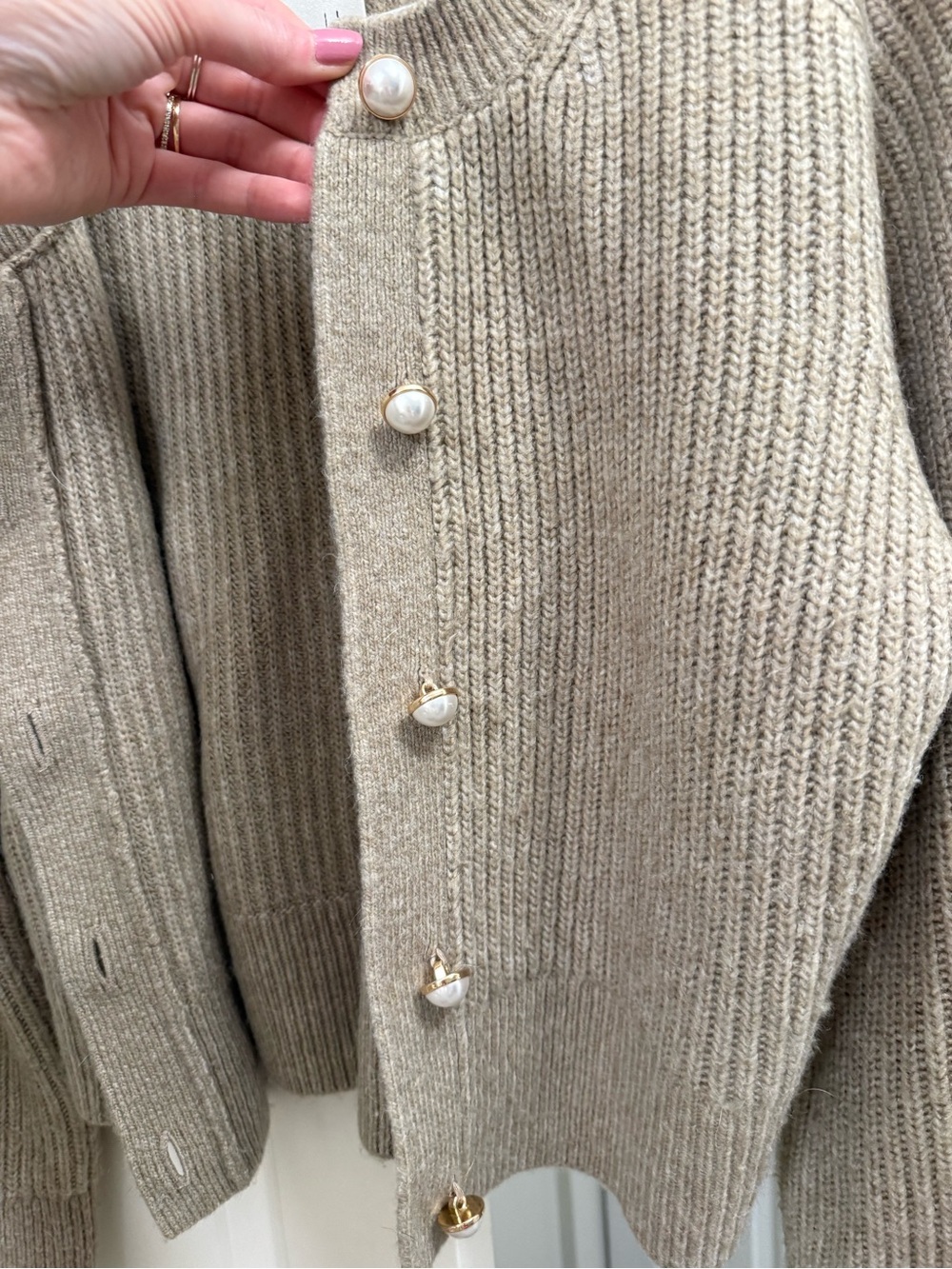 Abercrombie & Fitch Crew Pearl Button Cardigan Large Taupe Tan - Picture 4 of 4